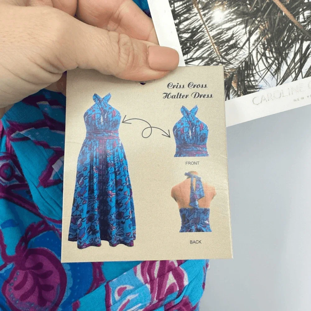 Caroline Constas Halter Fit Flare Smocked Maxi Dress XL Turquoise Gauze Cotton - Picture 3 of 16